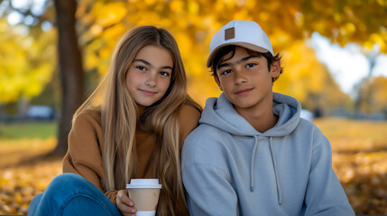 Teenage Hispanic and Caucasian couple sitting outside talking and drinking coffee on Autumn day, back to school, copy space