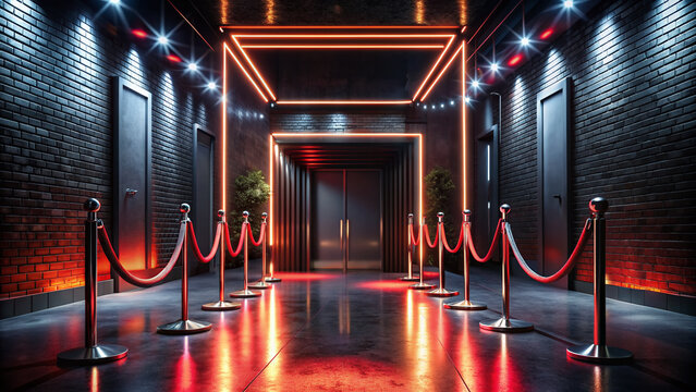 Glowing neon lights illuminate a trendy nightclub's entrance, where a sleek black flyer with silver font lies on a velvet rope, surrounded by darkness.