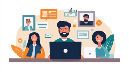 An employee using a laptop for a virtual meeting with colleagues.