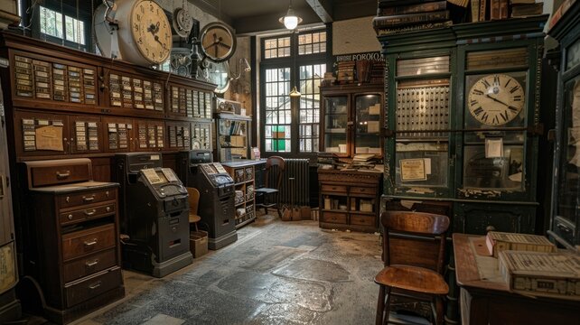A vintage post office with old-fashioned mailboxes and equipment, showcasing the history of the postal service