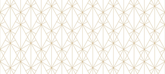 Fototapeta premium Golden line pattern. Vector geometric seamless texture. Gold and white ornament with delicate grid, thin lines, outline lattice, net, triangles. Luxury abstract art deco background. Repeated design