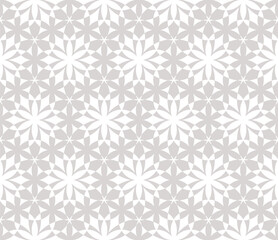Vector beige and white geometric seamless pattern. Abstract minimal background with small flower silhouettes, mosaic texture. Elegant textured ornament. Repeated geo design for print, decor, textile