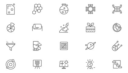 Science line icon set.Laboratory, molecule, data, Science, DNA, galaxy, brain, Chemical formula, chemistry, medical, experiment Outline icon collection. Ui thin line icon pack.