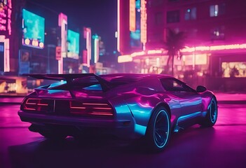 car sport city style synthwave retrowave ai background lights neon generative retro futuristic vintage light 80s closeup purple pink back wallpaper auto vehicle
