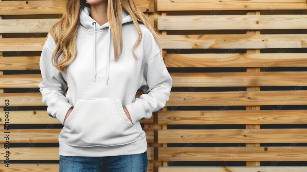 Wall mural Woman Wearing a White Hoodie in Front of a Wooden Wall