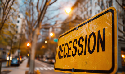 Yellow rusty road sign with recession title text inscription, economic crisis and bankruptcy background. Stock market concept.