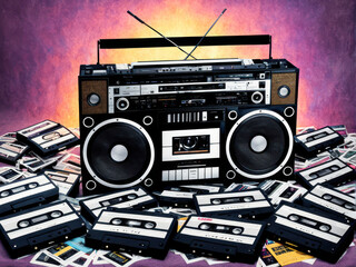 Nostalgia on Tape: iconic image of a classic boombox surrounded by beloved cassette tapes. essence of the 80s and 90s. generative AI