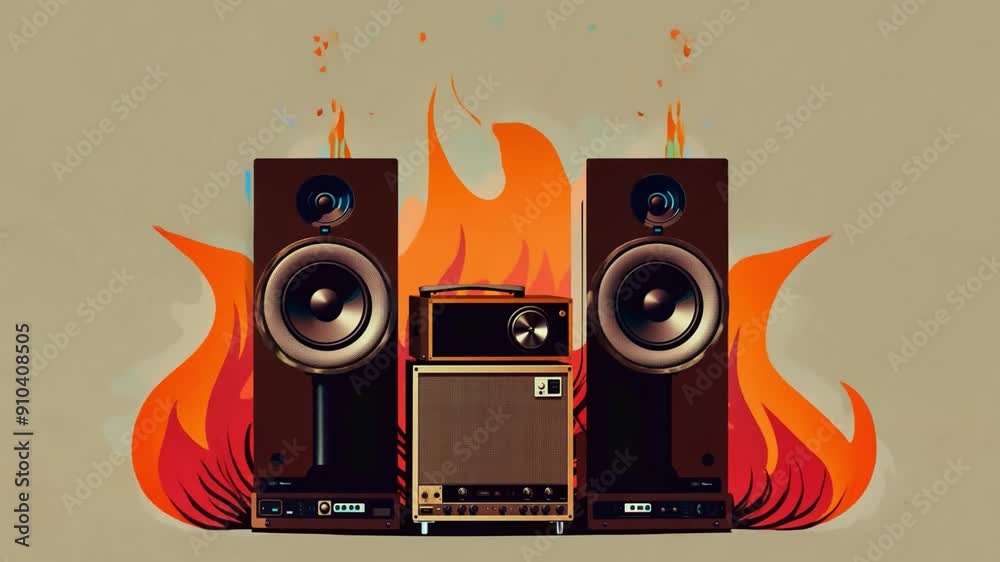 Poster Vintage speakers and an amplifier stand amidst colorful flames, creating a dynamic contrast and emphasizing the energy of the audio setup.