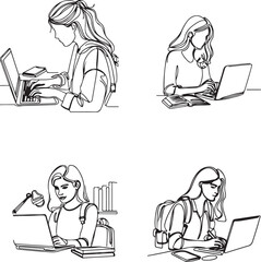 continuous single line drawing of female student using laptop computer, line art vector illustration

