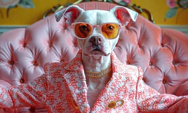 Stylish Dog in Pink Suit and Sunglasses on Vintage Sofa, Medium Shot