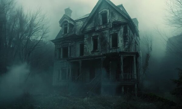 Haunted Abandoned House in Foggy Forest, Wide Shot