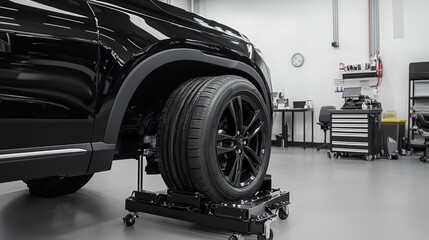 A close-up shot of a black car's wheel being serviced on a tire changing machine at a modern, well-equipped auto repair shop.