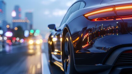 Fototapeta premium Sleek Car Driving in City at Night