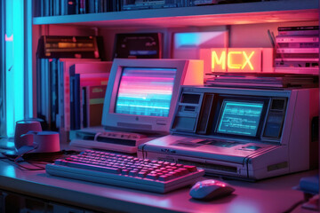 Nostalgic Tech: digital age of the 90s with this iconic computer setup. Floppy disks, an old keyboard, and a classic monitor evoke a sense of nostalgia and retro charm. generative AI