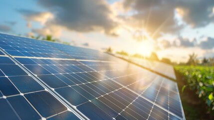 Solar Panels in Field at Sunset