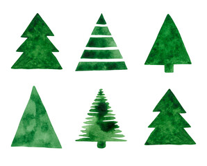 Illustration with small naive Christmas trees, hand-drawn with watercolors. Christmas illustration. Ideal for a postcard and any thematic designs. Minimalistic drawing for Christmas and New Year.