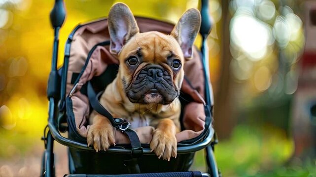 A cute French Bulldog is sitting comfortably in a stroller with a blurred, sunlit background
