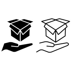 Open box on hand showing concept icon of giving gift, ready to use vector