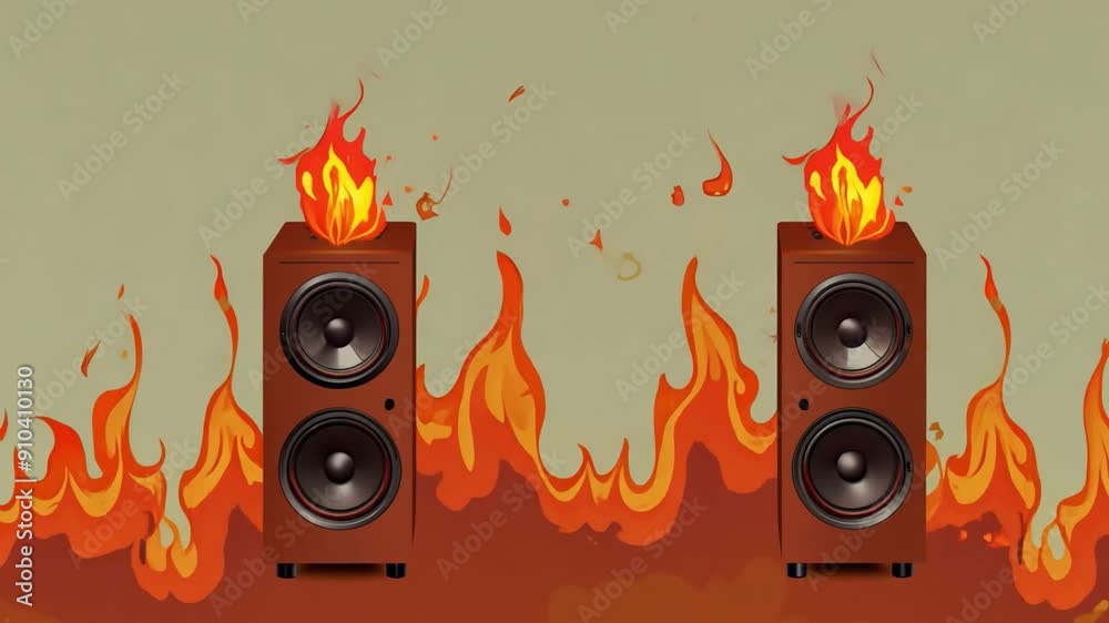 Poster Two speakers with flames on top are placed against a backdrop of orange and red, creating a dynamic and intense atmosphere.