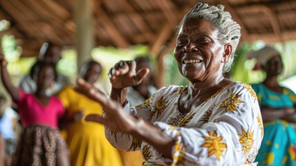 Obraz premium An older woman teaching traditional dance to younger family members, preserving cultural heritage