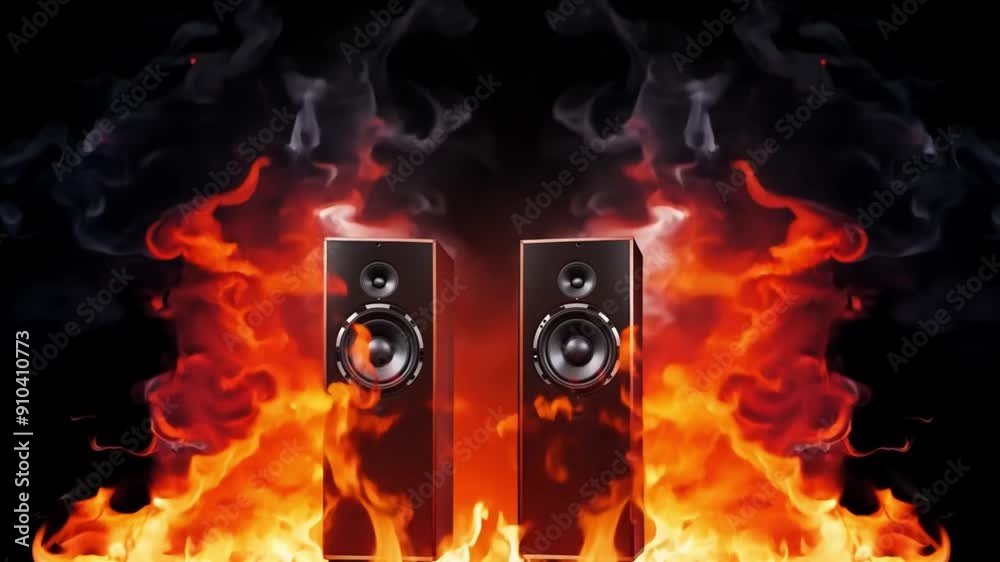 Aufkleber Two speakers emit flames and smoke, creating a dynamic and electrifying visual effect in a dark environment.