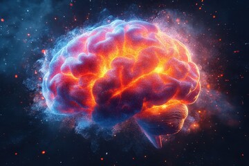 Obraz premium 3D Render of a Colorful Brain Explosion on Dark Background - Concept Art Symbolizing Creative Ideas and Intelligence, Hyper Realistic 