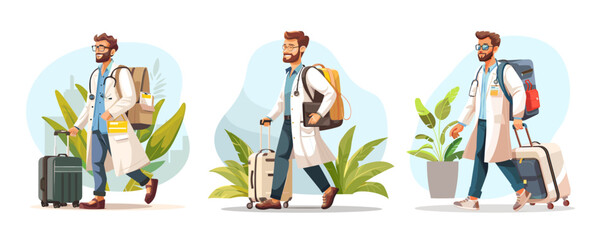 Naklejka premium Paramedic voyage cartoon vector scenes. Doctor man medic beard gentleman stethoscope male white coat luggage backpack walking journey character leaves pot stems trip travel plane isolated concepts