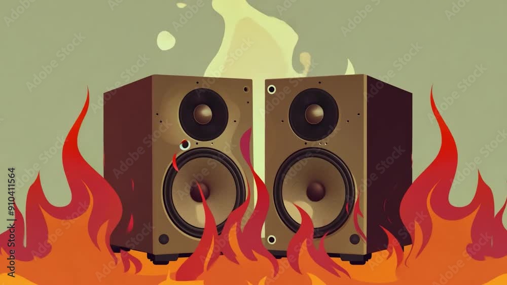 Poster Two speakers emanate sound waves while being engulfed in bright flames, creating a striking visual contrast with the background colors.