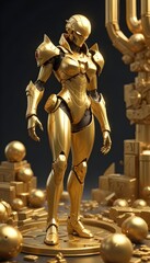Fototapeta premium A golden, futuristic humanoid figure standing in a surreal, abstract environment with geometric shapes and forms