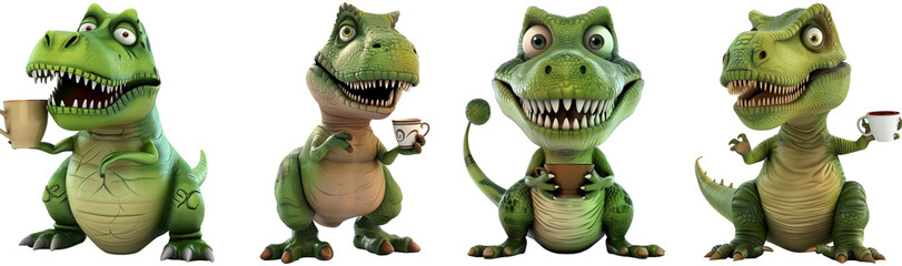 Pack of Tea-Loving Green T-Rex Cartoon set