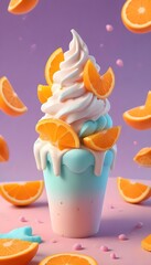 A colorful ice cream sundae with a swirl of soft-serve vanilla ice cream, topped with orange slices, blue and white sprinkles, and a cherry on top, against a vibrant purple background