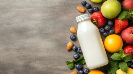 Assorted Fruits, Almonds, and Milk Bottle