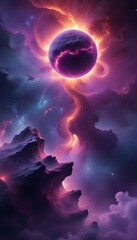 Obraz premium A dramatic cosmic landscape with swirling clouds of vibrant purple, pink, and orange hues. A large, glowing celestial body dominates the center of the frame,