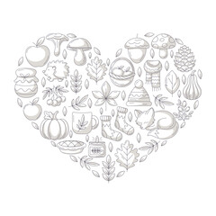 Autumn heart shape design. Cozy seasonal fall elements, food, clothes and animals. Monochrome minimalist gray vector flat illustration for greeting card, invitation, social media, poster, print
