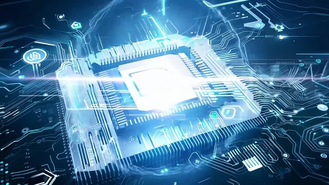 Visualization of advanced technology concept: Circuit board CPU processor and microchip initiating digitalization of artificial intelligence, neural networking, and cloud computing. Digital lines tran