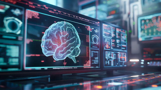 Brain scan results displayed on digital interface, medical technology. Digital brain image with colorful data overlays on modern interface
