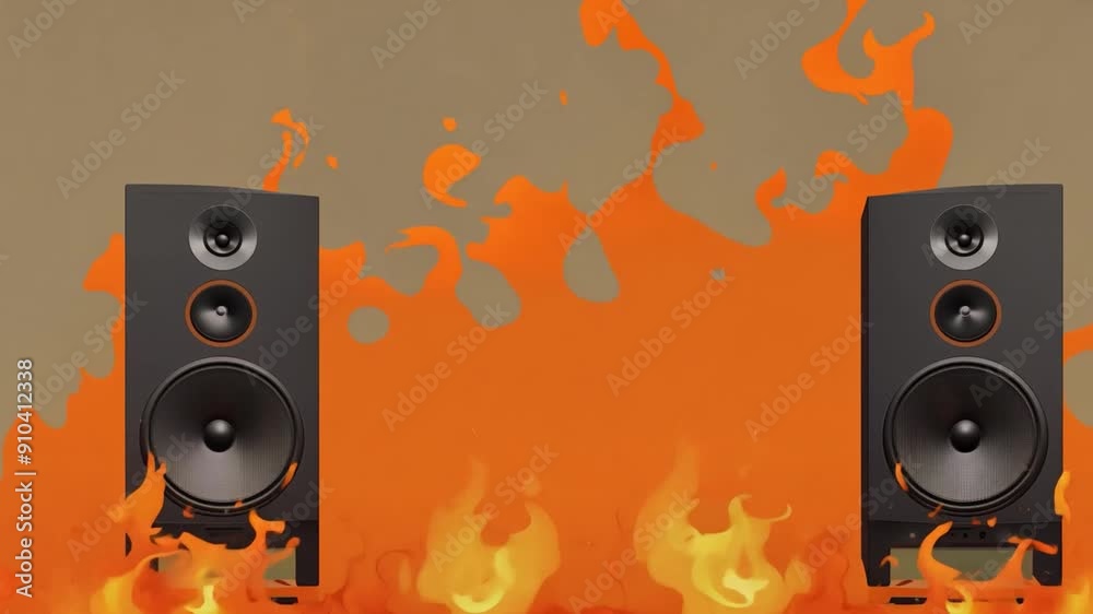Poster two large speakers are engulfed in orange flames, creating a dramatic atmosphere filled with energy 