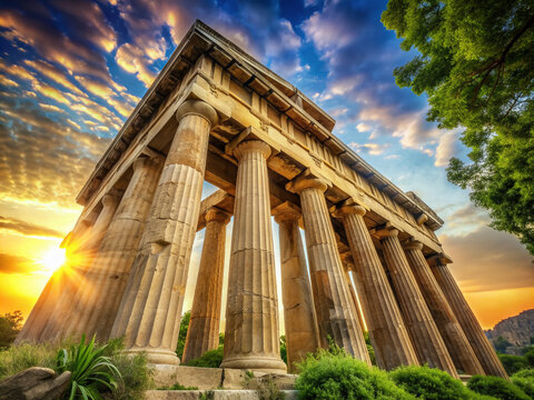 Majestic ancient Greek temple columns rise towards the sky, symbolizing wisdom, knowledge, and prophecy, surrounded by lush greenery and warm golden light.