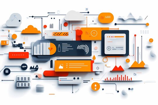 API integration for developers. Various gadgets on a white background symbolizing APIs, partnerships and software development.