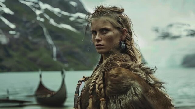 A fierce Viking woman with braided hair and fur clothing stands by a fjord with mountains and a longboat in the background