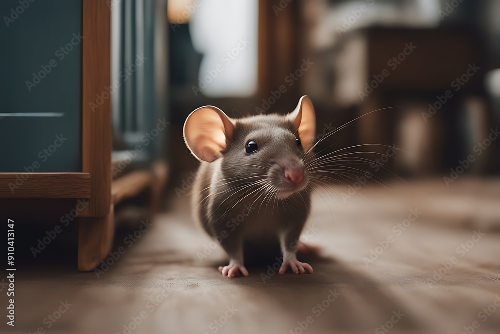 Wall mural walking sniffing brown house dumbo cute rat apartment footwear mouse home small table background animal mammal damage rodent pest closeup domestic grey pet floor fluffy nature funny lying looking