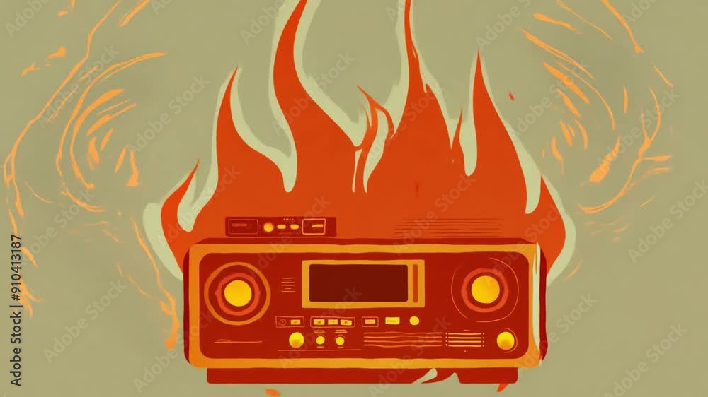 Poster a retro boombox is engulfed in flames, creating a striking contrast against a muted green backdrop.