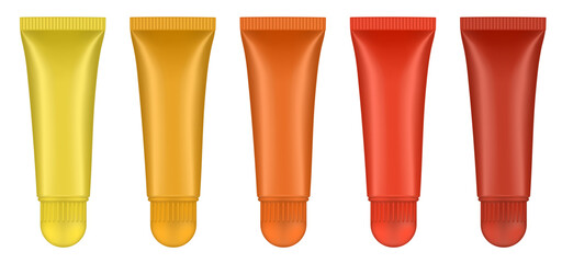 Set of lip gloss tubed. Lip, eye cream, serum. Cosmetic product container mockup. Yellow, orange, gold and red bottles with round cap