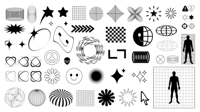 Large collection of retro futuristic y2k geometry design elements. 3d shapes, wireframes, cyberpunk and acid elements