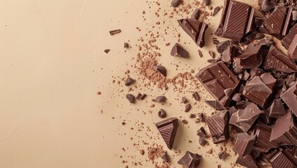 Fototapeta premium chocolate background with pieces of chocolate and chocolate chips on beige background of scattered milk or dark chocolate pieces and chocolates.Space for text or product presentation