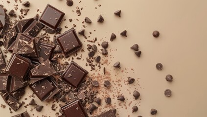 chocolate background with pieces of chocolate and chocolate chips on beige background of scattered milk or dark chocolate pieces and chocolates.Space for text or product presentation