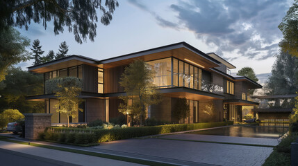Naklejka premium A large house with a large front yard and a pool