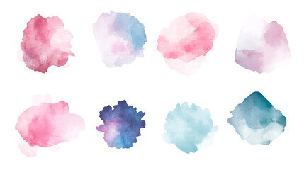 A collection of watercolor abstract blobs in various pastel colors, displayed on a transparent background, ideal for artistic projects and designs.
