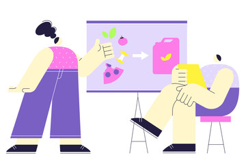 Woman presenting ways to produce biofuel