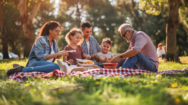 A family of five is enjoying a picnic in a park